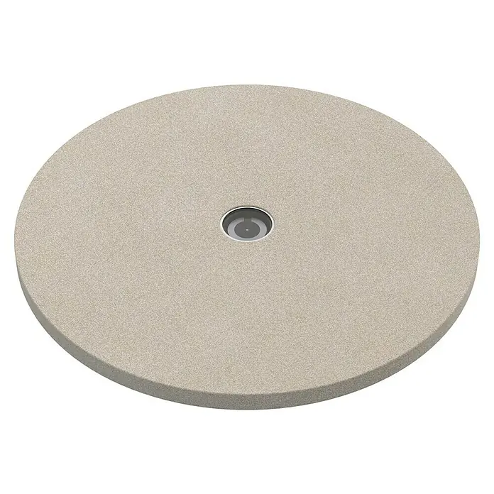 Outdoorchef Pizzastein - Durchmesser: 32 cm, Cordierit - Nahaufnahme eines runden, beigen Schleifsteins mit einer zentrierten Aussparung. Ideal zum Schärfen von Werkzeugen.