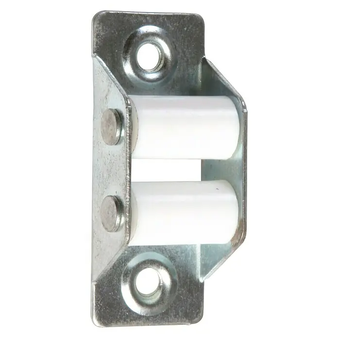 Polea para persianas - Anchura de la correa: 22 mm, Nylon - Primer plano de un rodillo para puerta corredera con soporte de acero y dos rodillos de plástico blanco.