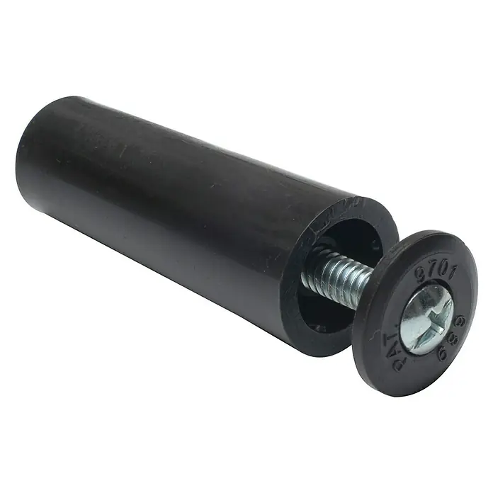 Tope de cierre - Ø x L: 20 x 60 mm, Marrón - Primer plano de una pata de mueble con un perno y una base negra redonda, ideal para reposición o proyectos de bricolaje.