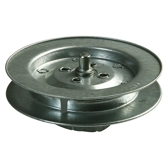 Disco de persiana - Diámetro eje octogonal: 42 mm, Metal - Vista superior de una polea plateada. La polea tiene un cubo cilíndrico y una ranura profunda para acomodar la cuerda.