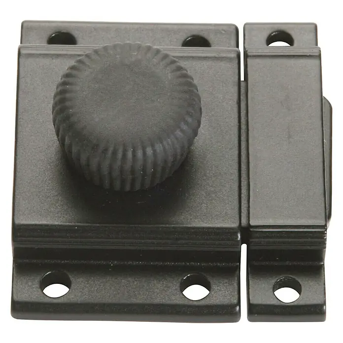 Pestillo deslizante - L x An x Al: 22 x 45 x 3,6 mm, Aluminio, Negro - Primer plano de un cerrojo de cañón negro con perilla giratoria y orificios de montaje para una instalación segura.
