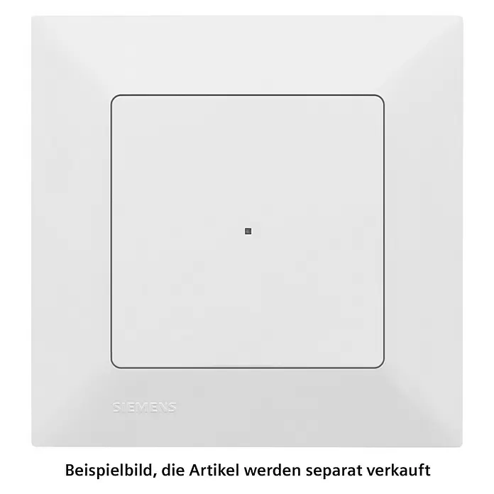 Siemens DELTA Mega Wechselschalter mit Glimmlampe SIE044042 - Polar Weiß, Glänzend, Unterputzmontage, 10 A - Weißer quadratischer Siemens Lichtschalterrahmen mit zentralem quadratischem Knopf und kleinem grauen Punkt.