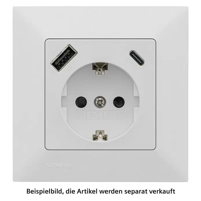 Siemens DELTA Mega USB-Steckdose USB A & USB C SIE044080 - Polar Weiß, Glänzend, Kunststoff, Unterputzmontage - Weißer Siemens Schuko-Steckdose mit integrierten USB-A- und USB-C-Ladeanschlüssen.