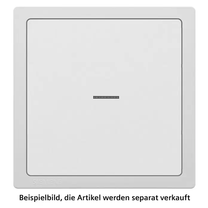 Siemens Delta Style Wechselschalter mit Glimmlampe SIE044233 - Polar Weiß, Glänzend, Unterputzmontage, 10 A - Hellgrauer Siemens quadratischer Rahmen für Elektroinstallationen, mit einem zentralen rechteckigen Element.