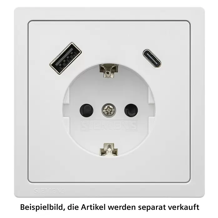 Siemens Delta Style USB-Steckdose SIE044271 - Polar Weiß, Glänzend, Kunststoff, Unterputzmontage - Weißer Siemens Steckdose mit Schutzkontakt, USB-A und USB-C Ladeanschlüssen.
