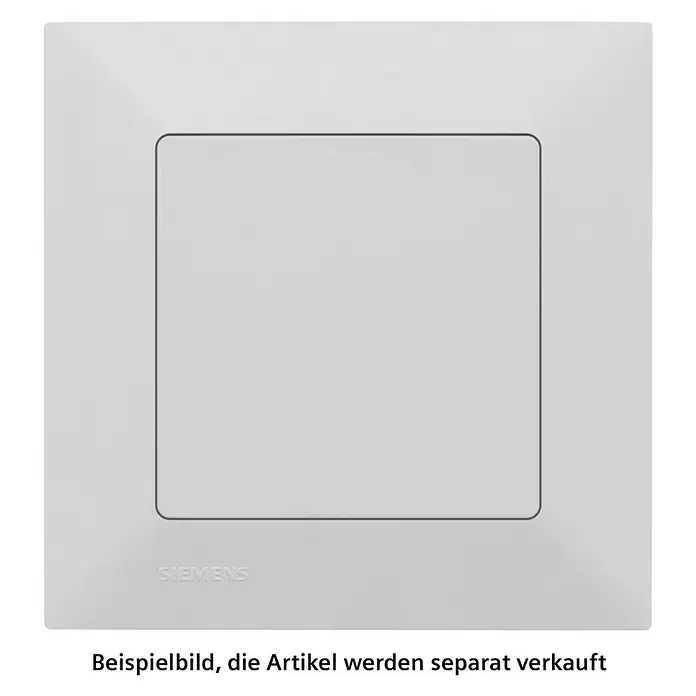 Siemens DELTA Mega Kreuzschalter SIE044066 - Polar Weiß, Glänzend, Unterputzmontage, 10 A - Hellgraue quadratische Elektro-Abdeckplatte mit vertiefter Mitte, mit Siemens-Logo.