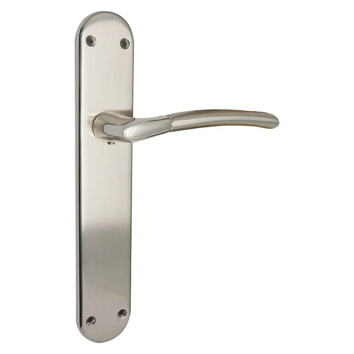 GDK Conjunto de picaporte A01-210 - Largo: 25 cm, Plateado - Primer plano de un moderno tirador de puerta de acero cepillado con placa alargada, ideal para diseños interiores contemporáneos.