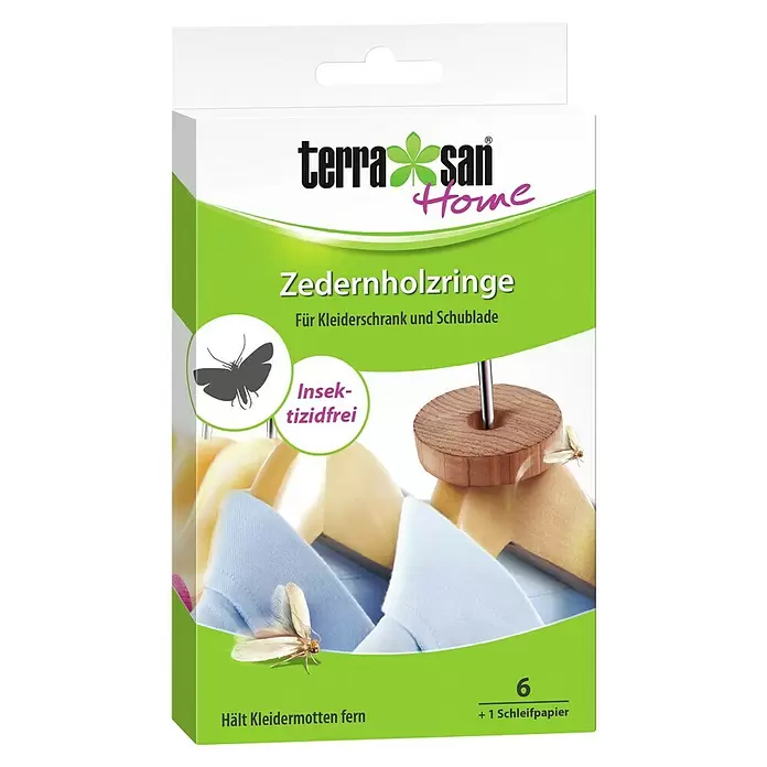 Terrasan Mottenschutz Zedernholzringe - 6 Stk. - Zedernholzringe gegen Kleidermotten für Kleiderschrank und Schublade. Insektizidfrei. 6 Ringe + 1 Schleifpapier.