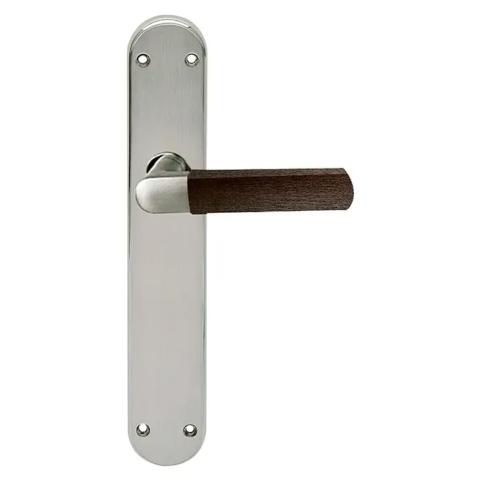 GDK Conjunto de picaporte A02-32 - Largo: 25 cm, Plata/Wengué - Una manilla de puerta moderna con una elegante placa posterior plateada combinada con un elegante mango de madera oscura.
