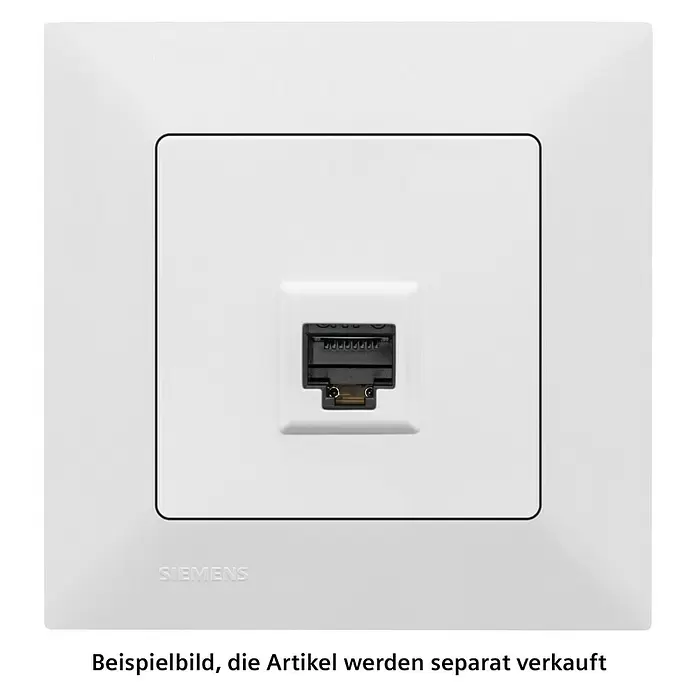 Siemens DELTA Mega Netzwerk-Anschlussdose SIE044103 - Polar Weiß, Glänzend, 1 Stk. - Weiße Kunststoff-Wandplatte mit einer schwarzen Datenbuchse, mit Siemens-Logo geprägt.
