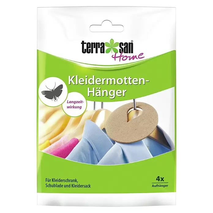 Terrasan Mottenschutz-Hänger - 4 Stk. - Verpackung für Kleidermotten-Hänger mit Langzeitwirkung. Zeigt beigefarbene Repellent-Scheiben an Kleiderbügeln.