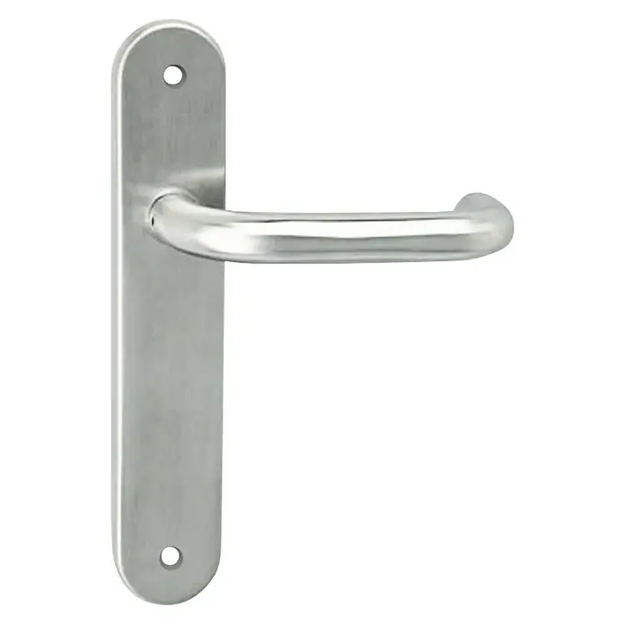GDK Conjunto de picaporte PLQDT001 - Acero inoxidable - Primer plano de una manija de puerta de acero inoxidable cepillado con placa de montaje y esquinas redondeadas. Ideal para interiores modernos.