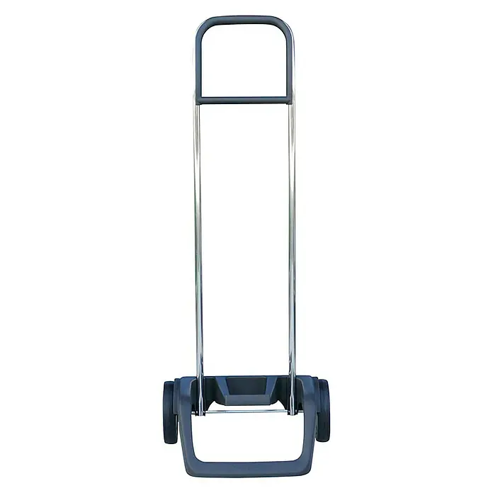 Rolser Carro de la compra Neo - L x An x Al: 39 x 35 x 100 cm, Capacidad de carga: 40 kg, Rojo - Primer plano de un carrito de equipaje plateado con asa y ruedas negras, ideal para viajar fácilmente.