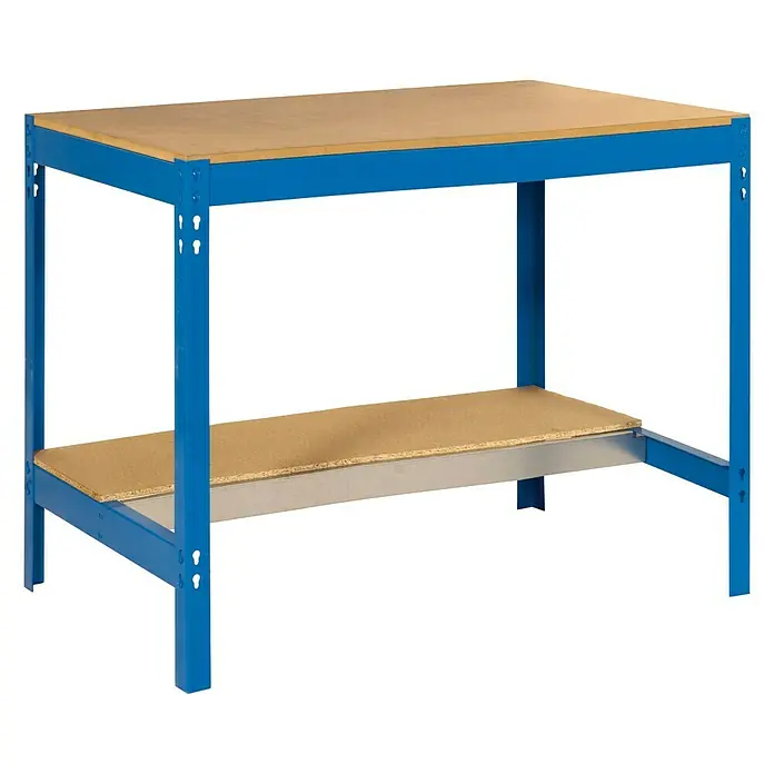 Simonrack Simonwork Werkbank BT0 1500 - L x B: 76 x 151 cm, Arbeitshöhe: 84,2 cm, Belastbarkeit: 850 kg, Blau/Holz - Robuster Werkstatttisch mit blauen Metallbeinen und einer Ablagefläche aus Holz für Werkstattarbeiten.