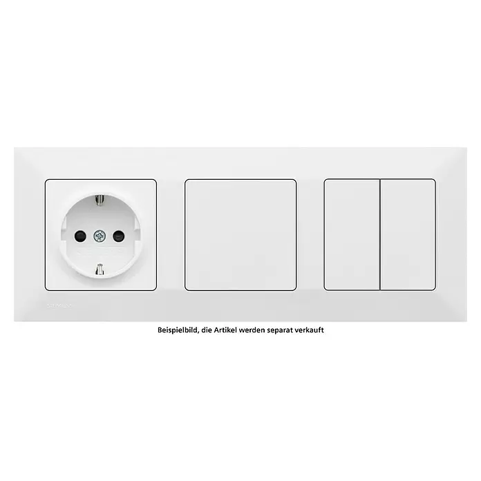 Siemens DELTA Mega Abdeckrahmen SIE044196 - Polar Weiß, 3-fach, Kunststoff, Schrauben - Weißer Siemens Dreifachrahmen mit einer Steckdose, einer Blindabdeckung und einem Doppellichtschalter für Elektroinstallationen.