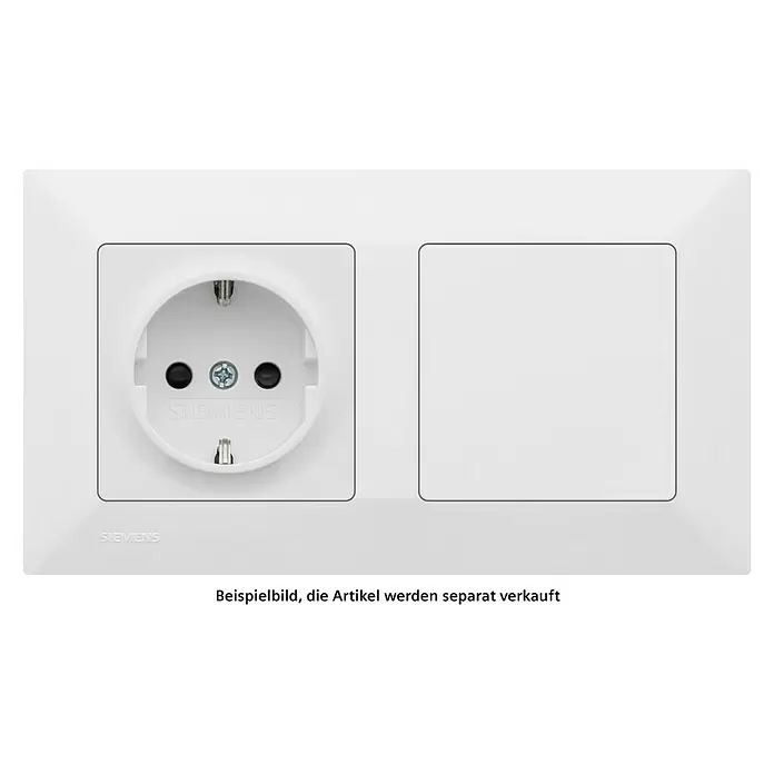Siemens DELTA Mega Abdeckrahmen SIE044189 - Polar Weiß, 2-fach, Kunststoff, Schrauben - Weißer Siemens Schuko-Steckdose mit einer Blindabdeckung im Doppelrahmen.