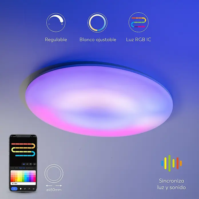 Garza Plafón LED redondo Iris - 45 W, An x L: 45 x 45 cm, Blanco, RGB - Lámpara de techo LED RGBIC inteligente con función de atenuación, blanco ajustable, sincronización de música y control de aplicación para la personalización de la luz.