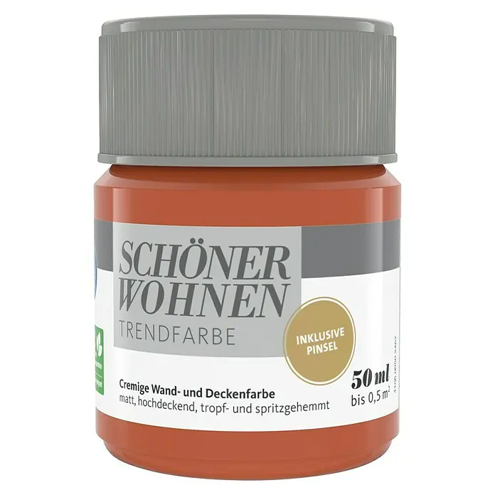 SCHÖNER WOHNEN-Farbe Farbtester Trendfarbe - Aperitivo, Matt, 50 ml, Konservierungsmittelfrei - Dose „Schöner Wohnen“ Trendfarbe, cremige Wand- und Deckenfarbe in Terrakotta mit grauem Deckel. Inklusive Pinsel für kleine Projekte.