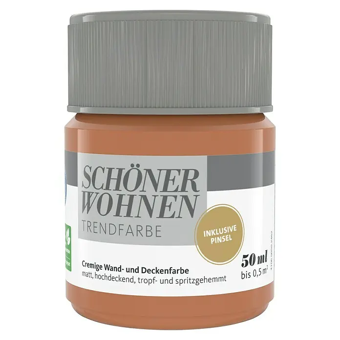 SCHÖNER WOHNEN-Farbe Farbtester Trendfarbe - Arizona, Matt, 50 ml, Konservierungsmittelfrei - Nahaufnahme eines "Schöner Wohnen" Trendfarbe Farbbehälters mit 50 ml Inhalt, inklusive Pinsel, ideal für Wand- und Deckenfarben.