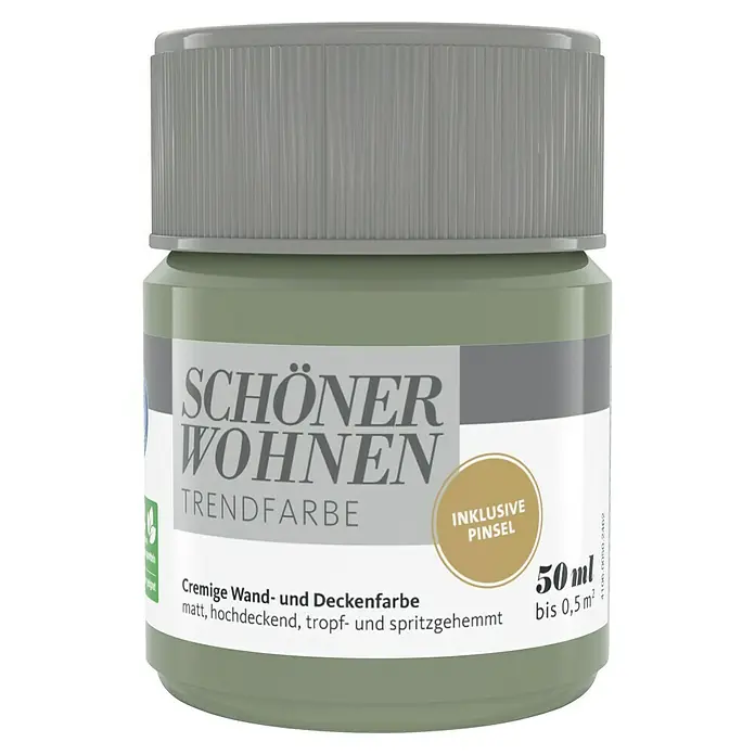 SCHÖNER WOHNEN-Farbe Farbtester Trendfarbe - Olive, Matt, 50 ml, Konservierungsmittelfrei - Schöner Wohnen Trendfarbe, cremige Wand- und Deckenfarbe in einer 50 ml Dose, inklusive Pinsel. Matt, hochdeckend.