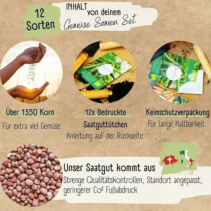 Gemüsesamen Set - 12 Stk., verschiedene Gemüsesorten - 12-teiliges Gemüsesamen-Set mit über 1350 Samen und Keimschutzverpackung. Aus der Schweiz/Italien, qualitätskontrolliert.