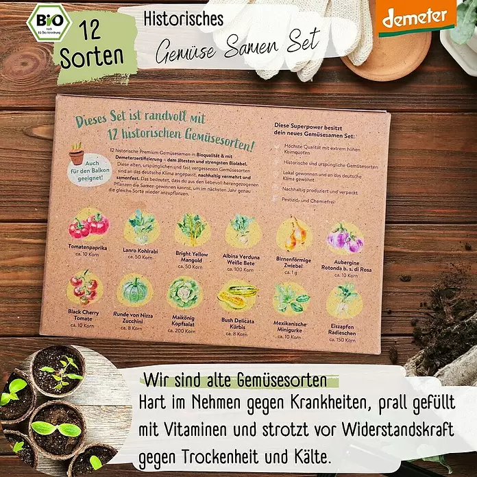 Gemüsesamen Demeter Historisches Gemüse - 12 Stk., Gemüse Samen Mix - Brauner Karton für ein "Historisches Gemüse Samen Set" mit 12 Sorten, auf Holztisch mit Sämlingen & Gartengeräten.