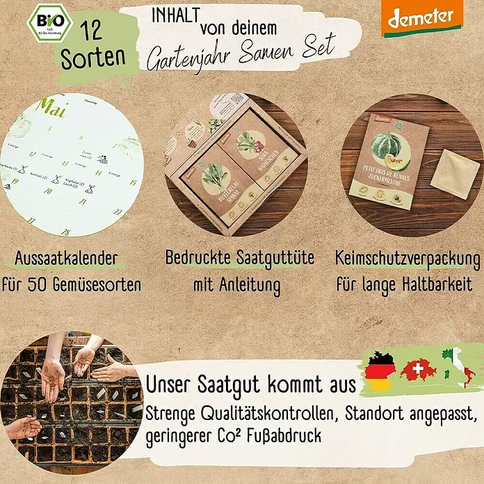Gemüsesamen Dein Gartenjahr - 12 Stk., verschiedene Gemüsesorten - Bio-Gartenjahr Samen Set mit 12 Sorten, Aussaatkalender, Saatguttüten und Hinweisen zur Herkunft.