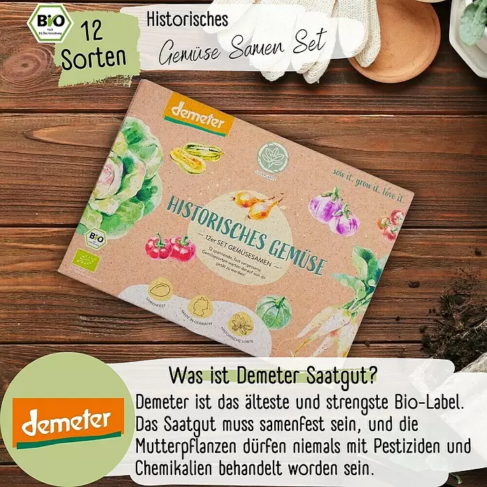 Gemüsesamen Demeter Historisches Gemüse - 12 Stk., Gemüse Samen Mix - Demeter 'Historisches Gemüse Samen Set', eine Kraftpapierbox mit farbigen Gemüseillustrationen.
