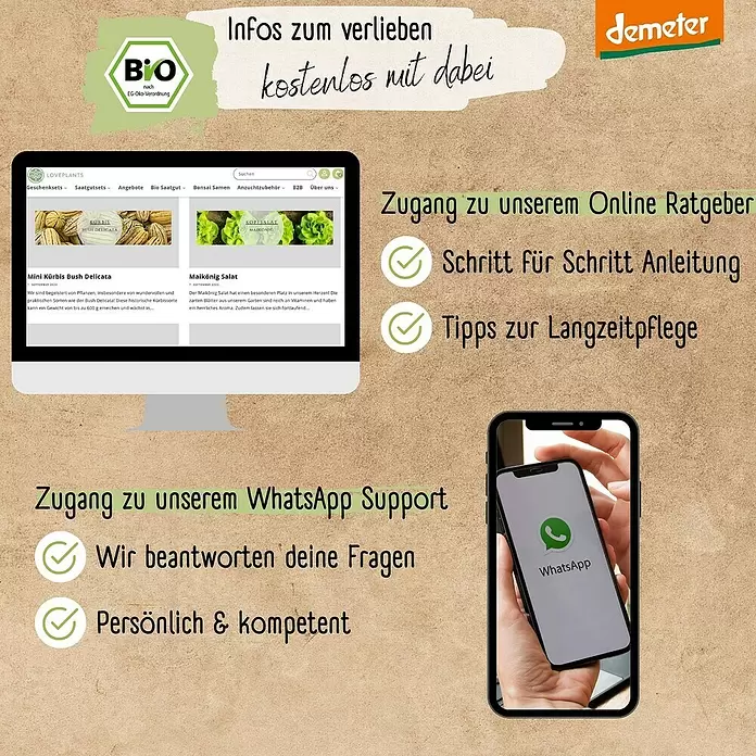 Gemüsesamen Demeter Historisches Gemüse - 12 Stk., Gemüse Samen Mix - Werbegrafik für Pflanzen-/Saatgutunternehmen, zeigt Bio-Zertifizierungen (Bio, Demeter), Online-Ratgeber und WhatsApp-Support mit Monitor und Smartphone.
