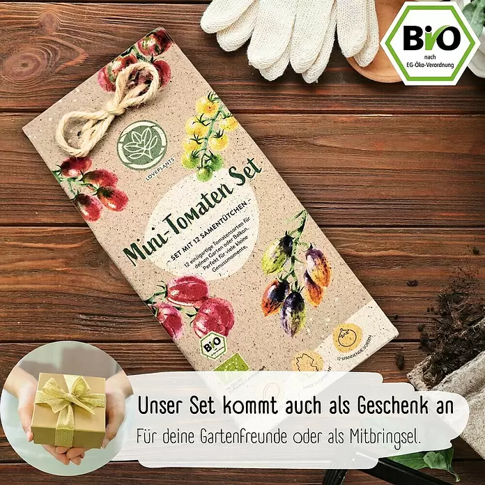 Gemüsesamen Mini-Tomatensamen Set - 12 Stk., Solanum lycopersicum, Erntezeit: Juli - Mini-Tomaten Samen-Set in rustikaler Kartonverpackung mit Tomaten-Illustrationen und Bast, ideal für Garten/Balkon oder als Geschenk.