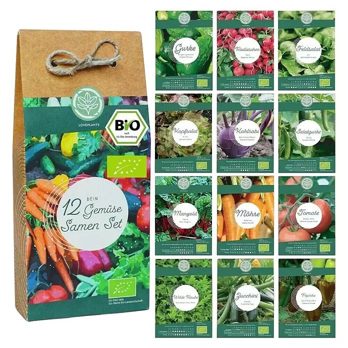 Gemüsesamen Set - 12 Stk., verschiedene Gemüsesorten - Bio-Gemüsesamen-Set in brauner Papierschachtel, enthält 12 einzelne Gemüsesamenpakete.
