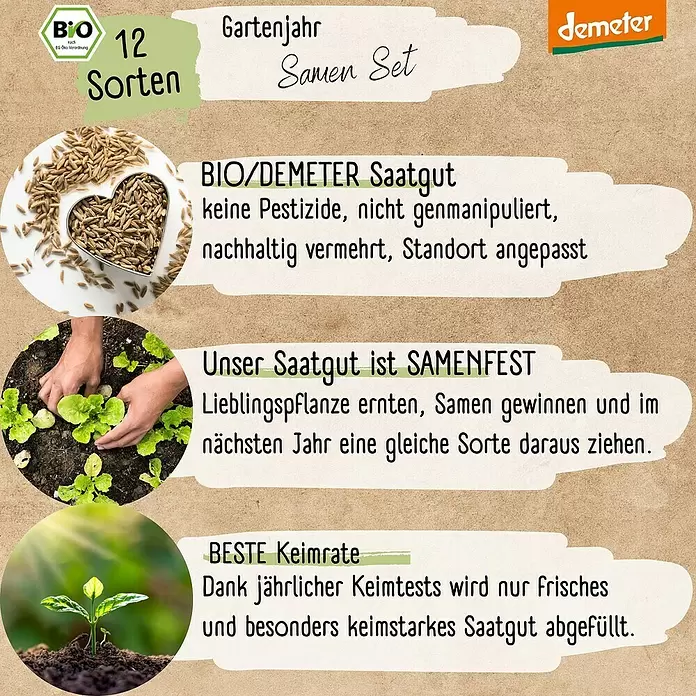 Gemüsesamen Dein Gartenjahr - 12 Stk., verschiedene Gemüsesorten - Garten-Samen-Set mit 12 Bio-, samenfesten Sorten, das nachhaltigen Anbau und hohe Keimraten hervorhebt.