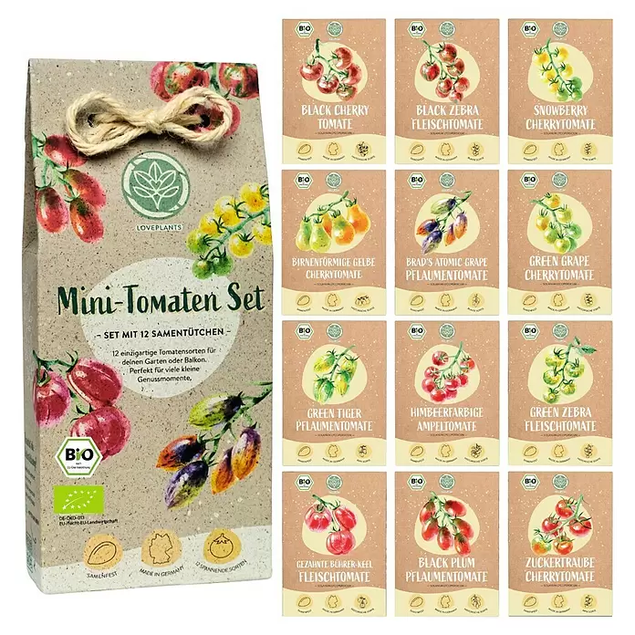 Gemüsesamen Mini-Tomatensamen Set - 12 Stk., Solanum lycopersicum, Erntezeit: Juli - Naturfarbenes Karton-Set mit 12 Samentütchen für verschiedene Mini-Tomatensorten.