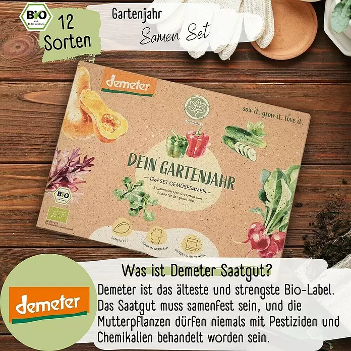 Gemüsesamen Dein Gartenjahr - 12 Stk., verschiedene Gemüsesorten - Demeter Bio-Gemüsesamen-Set (12 Sorten) für ein Gartenjahr, mit Erklärung der Demeter-Saatgutqualität.