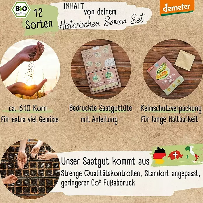 Gemüsesamen Demeter Historisches Gemüse - 12 Stk., Gemüse Samen Mix - Demeter Bio-Samen-Set mit 12 historischen Sorten, Saatgut-Packungen, Hände beim Pflanzen und Qualitätsdetails.