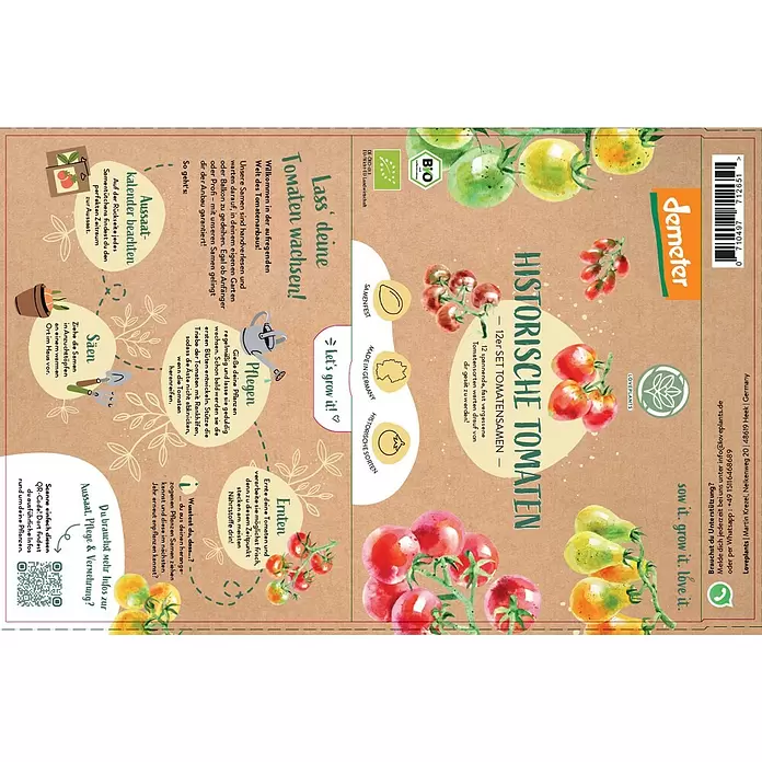 Gemüsesamen Demeter Historisches Tomaten - 12 Stk., Solanum lycopersicum, Erntezeit: Juli - Braune Samenpackung „Historische Tomaten“ mit bunten Tomaten-Illustrationen und Informationen zum Anbau.