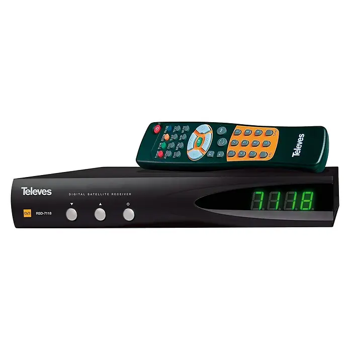 Televés Equipo de antena parabólica 800 Digital con monoblock - An x Al: 75 x 83 cm - Receptor de satélite digital Televes RSD-7118 con mando a distancia. El dispositivo es negro y muestra una pantalla digital verde.