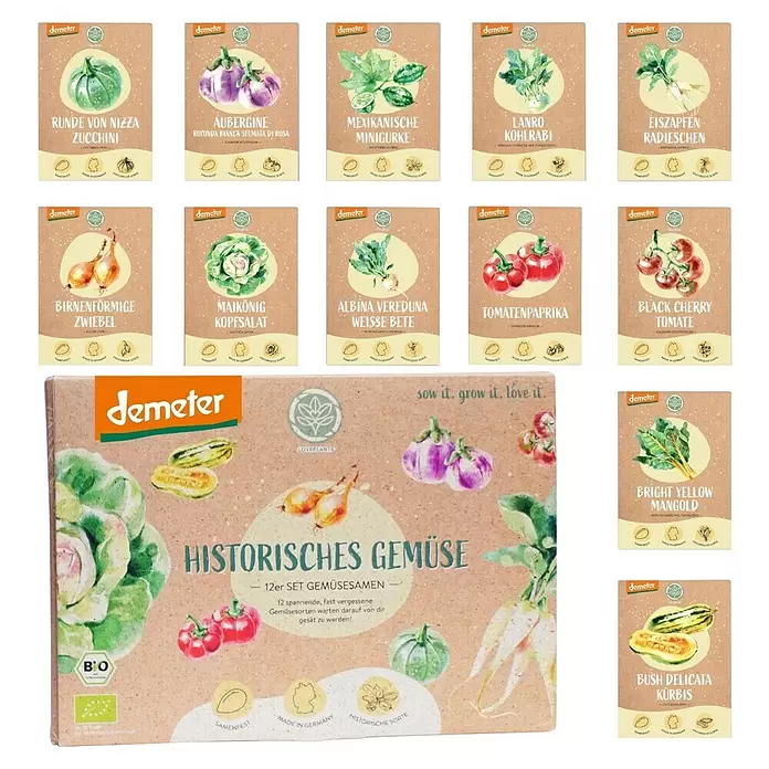 Gemüsesamen Demeter Historisches Gemüse - 12 Stk., Gemüse Samen Mix - Demeter Set: 12 historische Gemüsesamen-Päckchen in einer braunen Kartonbox.
