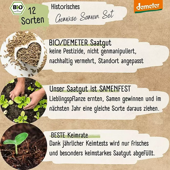 Gemüsesamen Demeter Historisches Gemüse - 12 Stk., Gemüse Samen Mix - Historisches BIO/Demeter Gemüse-Samen-Set mit 12 samenfesten Sorten, ohne Pestizide und genmanipuliert.