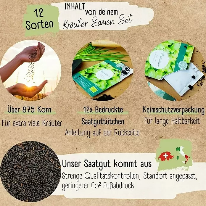 Kräutersamen Set - 12 Stk., verschiedene Kräuter - Kräutersamen-Set mit 12 Sorten, über 875 Samen, bedruckten Tütchen und Keimschutzverpackung aus der Schweiz.