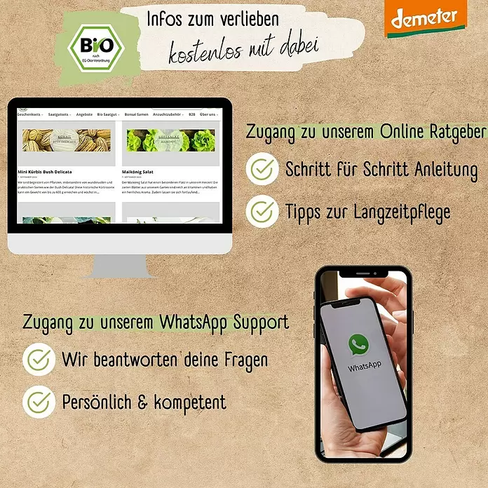Gemüsesamen Dein Gartenjahr - 12 Stk., verschiedene Gemüsesorten - Werbegrafik für den Bio-Saatgut-Verkauf, mit Online-Ratgeber, WhatsApp-Support, einer Webseite und Smartphone-Darstellung.