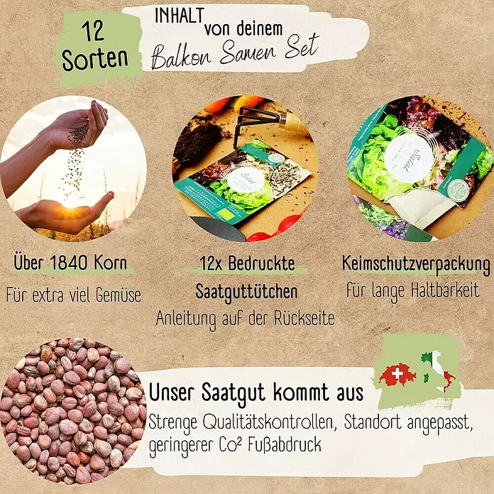Gemüsesamen Balkon & Hochbeetgemüse Samen Set - 12 Stk., Gemüse Samen Mix - Infografik eines Balkonsamen-Sets mit 12 Sorten, über 1840 Samen und nachhaltiger Herkunft.