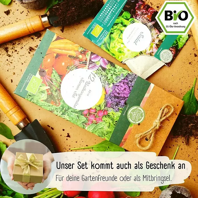 Gemüsesamen Balkon & Hochbeetgemüse Samen Set - 12 Stk., Gemüse Samen Mix - Zwei Bio-Samen-Sets (Salat, Balkongemüse) mit Gartengeräten; ein Overlay zeigt eine Geschenkbox.