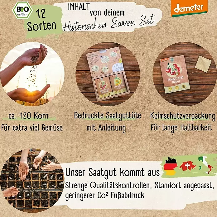 Gemüsesamen Demeter Historisches Tomaten - 12 Stk., Solanum lycopersicum, Erntezeit: Juli - Demeter historisches Samenset mit 12 Sorten. Enthält Saatguttüten, Pflanzanleitung und Schutzverpackung. Betont Qualität und nachhaltige Herkunft.