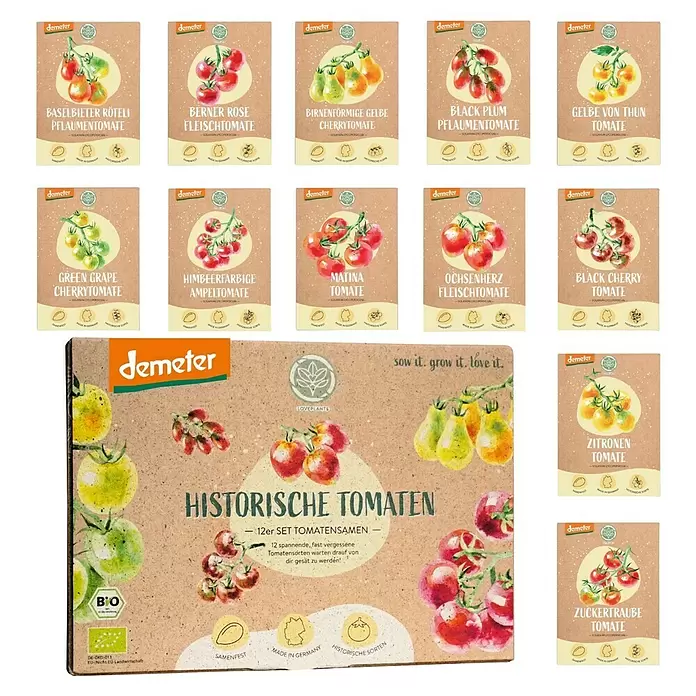 Gemüsesamen Demeter Historisches Tomaten - 12 Stk., Solanum lycopersicum, Erntezeit: Juli - Demeter Bio-Set mit 12 Papiertütchen für historische Tomatensamen, illustriert mit bunten Tomaten.