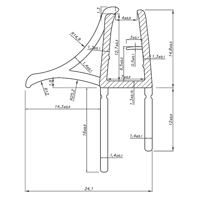 Perfil de sellado vierteaguas Angle 6-8 - L x An x Al: 100 cm x 24,1 mm x 30,8 mm - Dibujo técnico de un perfil de sellado con dimensiones, radios y tolerancias para aplicaciones industriales.