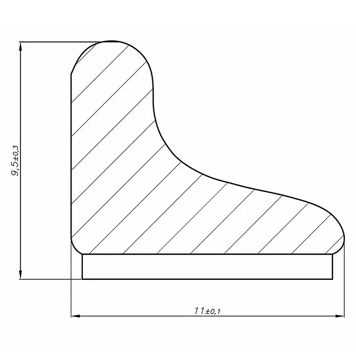 Perfil de sellado vierteaguas inferior adhesivo - L x An x Al: 100 cm x 11 mm x 9,5 mm - Dibujo técnico de un perfil con información dimensional.