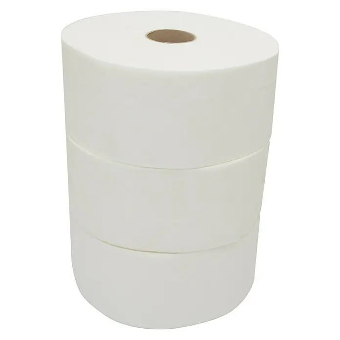 CM Baños Papel higiénico jumbo - 3 ud. - Pila de tres niveles de rollos de papel blanco con abertura central. Perfecto para las necesidades diarias y usos versátiles.