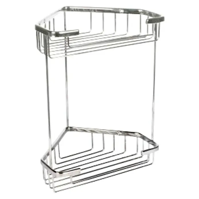 Tatay Cesta de baño angular doble Krom - 17,5 x 17,5 x 26,5 cm, Cromo - Una estantería de esquina cromada brillante de dos niveles para elementos esenciales del baño, diseñada para ahorrar espacio.