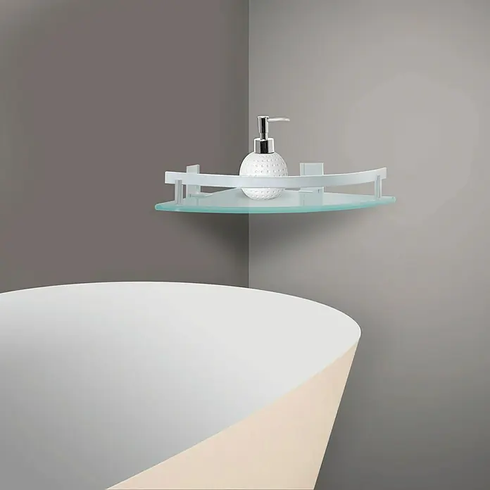 MSV Tabarca Estante para baño - Ancho: 24 cm, 1 estante, Aluminio, Acero inoxidable - Elegante estante esquinero de cristal con dispensador de jabón. Ideal para baños y duchas, elegante y práctico para guardar artículos de aseo.